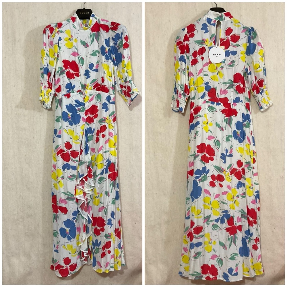 New RIXO Target Floral Mock Neck Cascade Ruffle Dress Size 2 - Picture 6 of 8